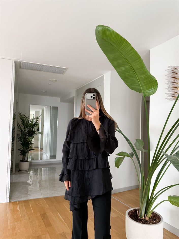 Asimetrik Kat Kat Bluz - Siyah