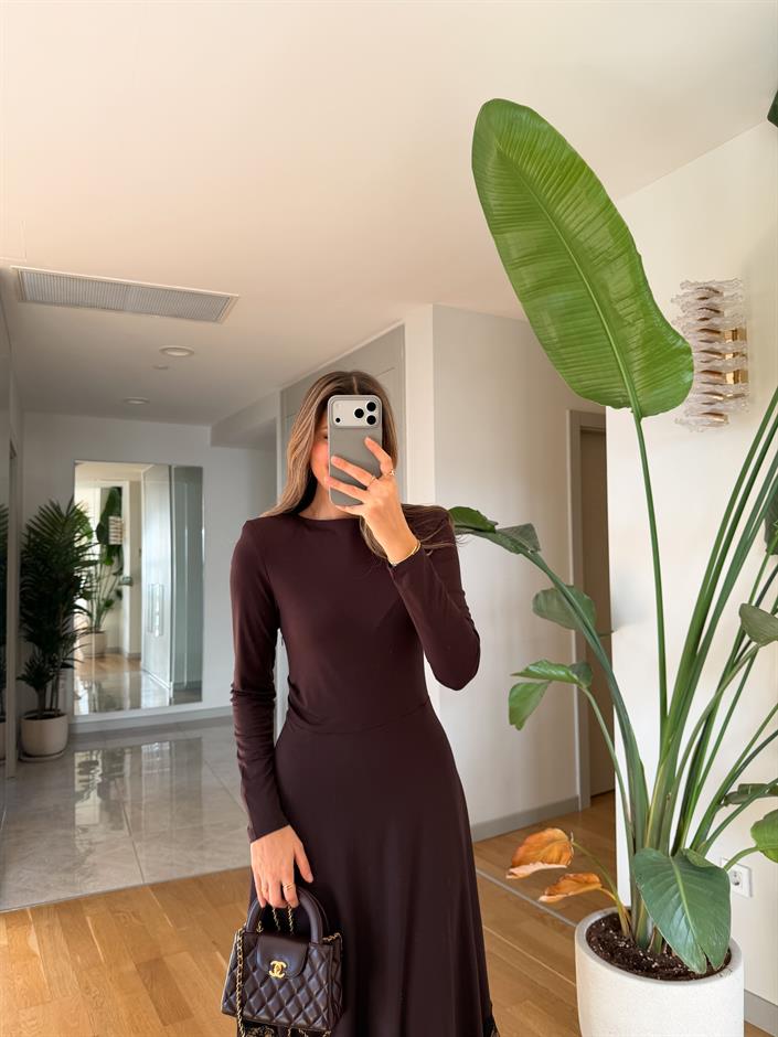 Asimetrik Kesim Dantelli Elbise - Kahve