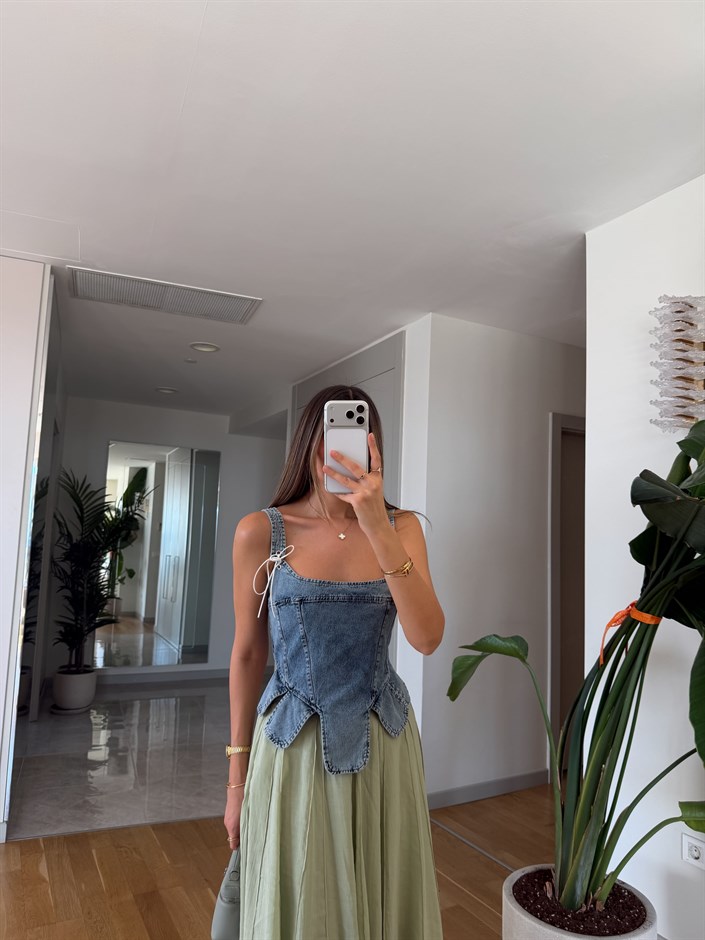 Askı Detaylı Bağlamalı Korse Bluz - Mavi 