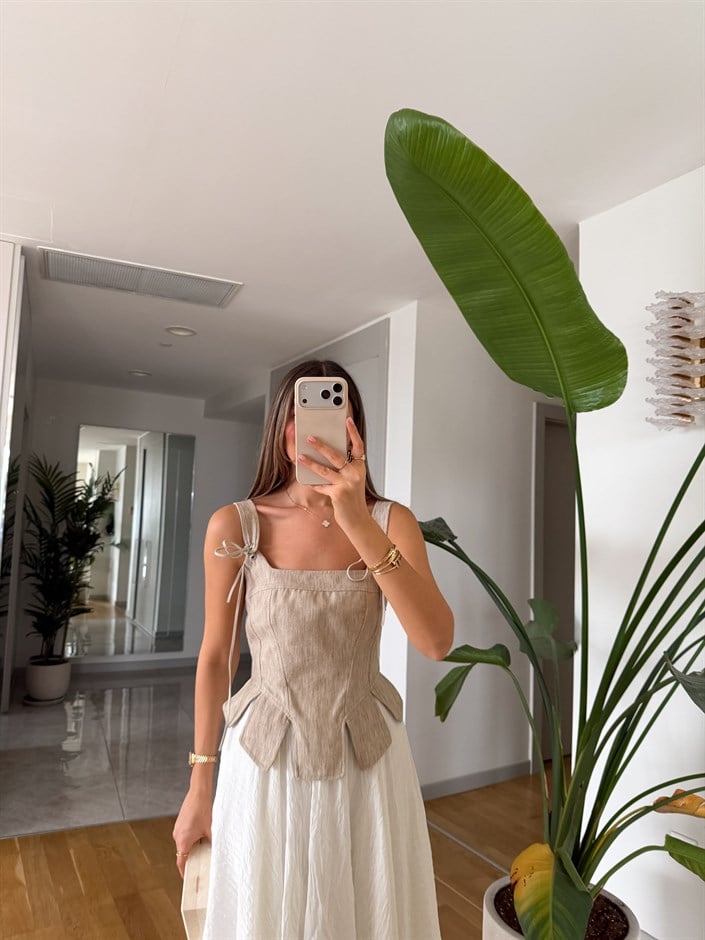 Askı Detaylı Bağlamalı Korse Bluz - Bej