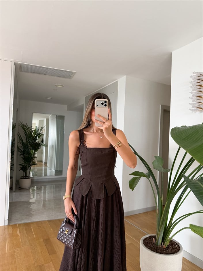 Askı Detaylı Bağlamalı Korse Bluz - Kahve