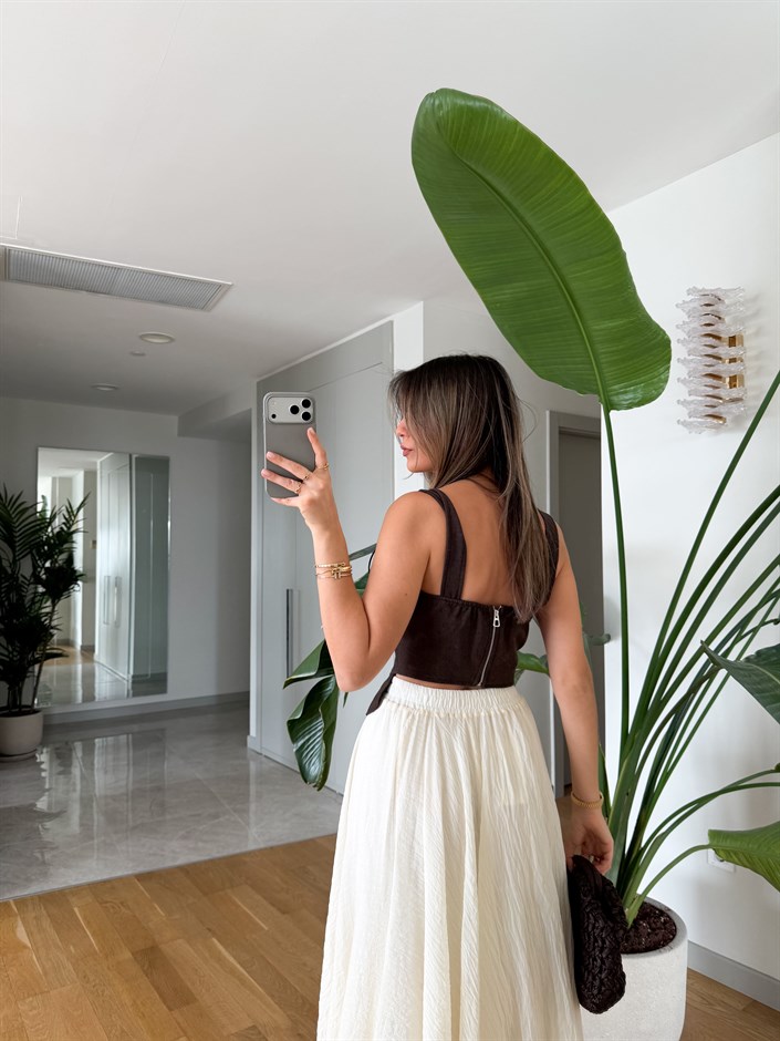 Askı Detaylı Bağlamalı Korse Bluz - Kahve
