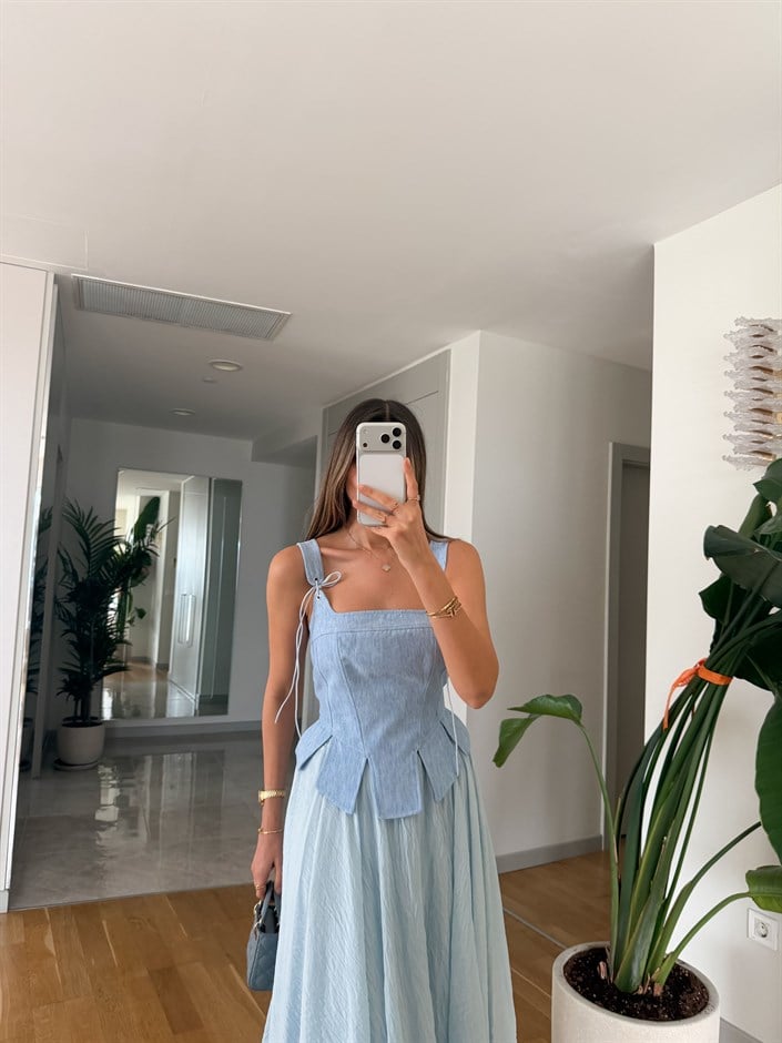 Askı Detaylı Bağlamalı Korse Bluz  - Bebe Mavi