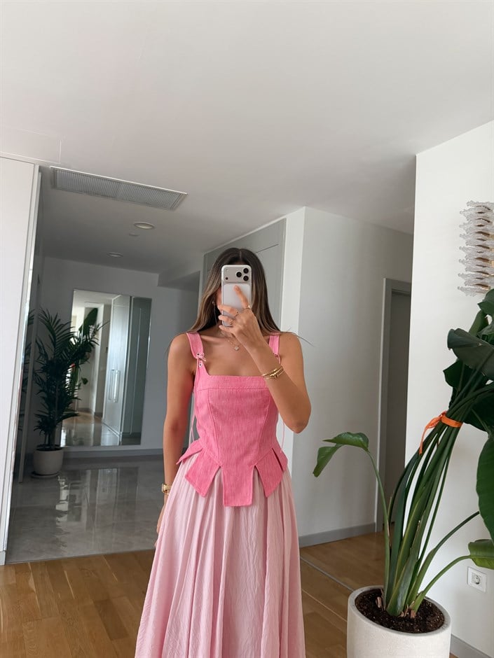 Askı Detaylı Bağlamalı Korse Bluz  - Pembe 