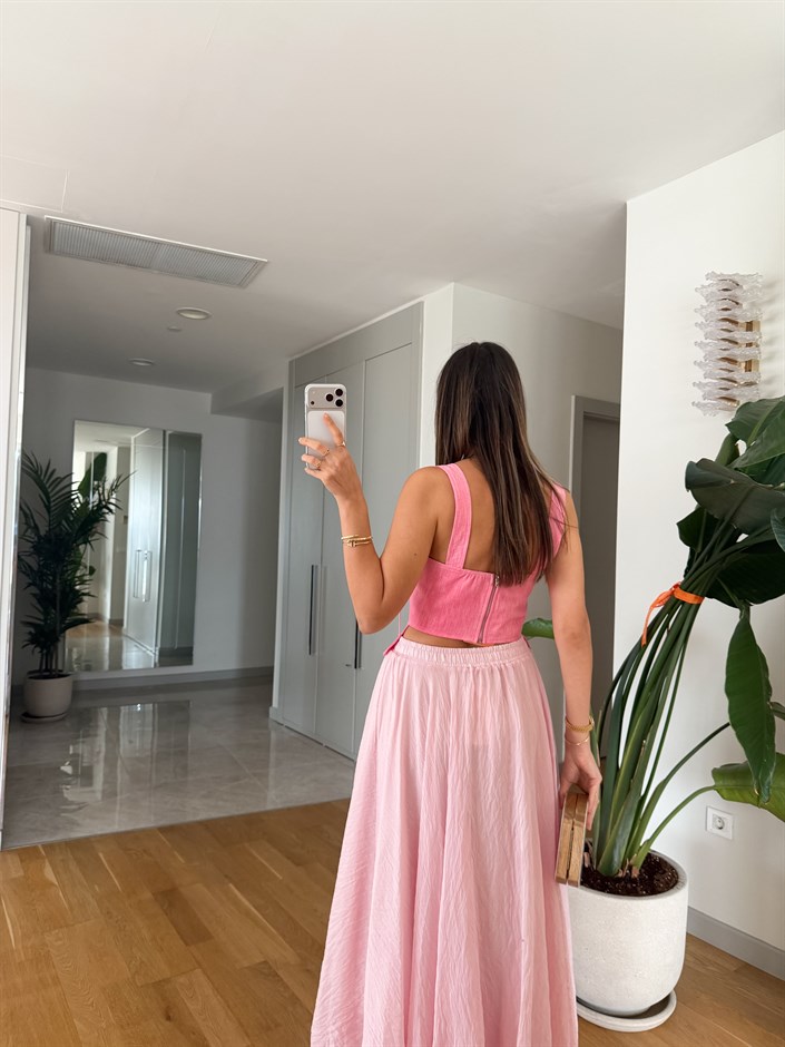 Askı Detaylı Bağlamalı Korse Bluz  - Pembe 