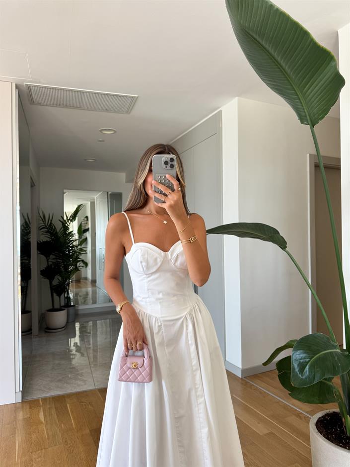 Askılı Göğüs Gloplu Maxi Elbise - Beyaz