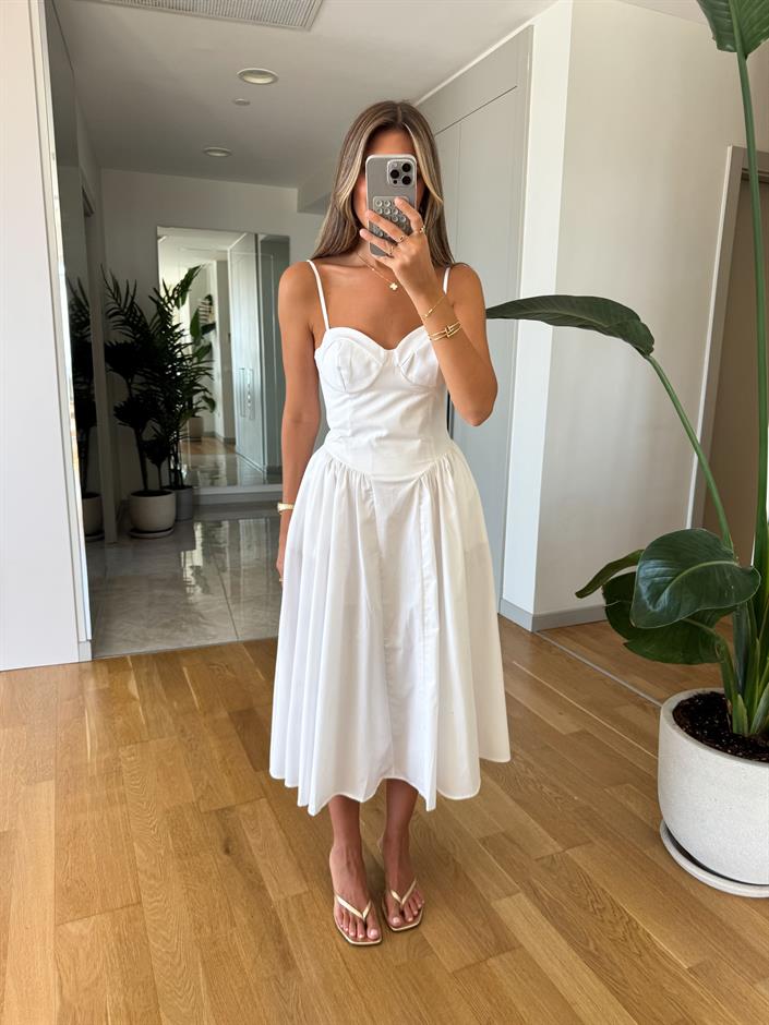 Askılı Göğüs Gloplu Maxi Elbise - Beyaz