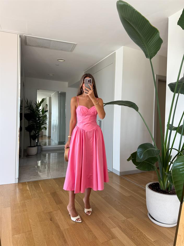 Askılı Göğüs Gloplu Maxi Elbise - Pembe
