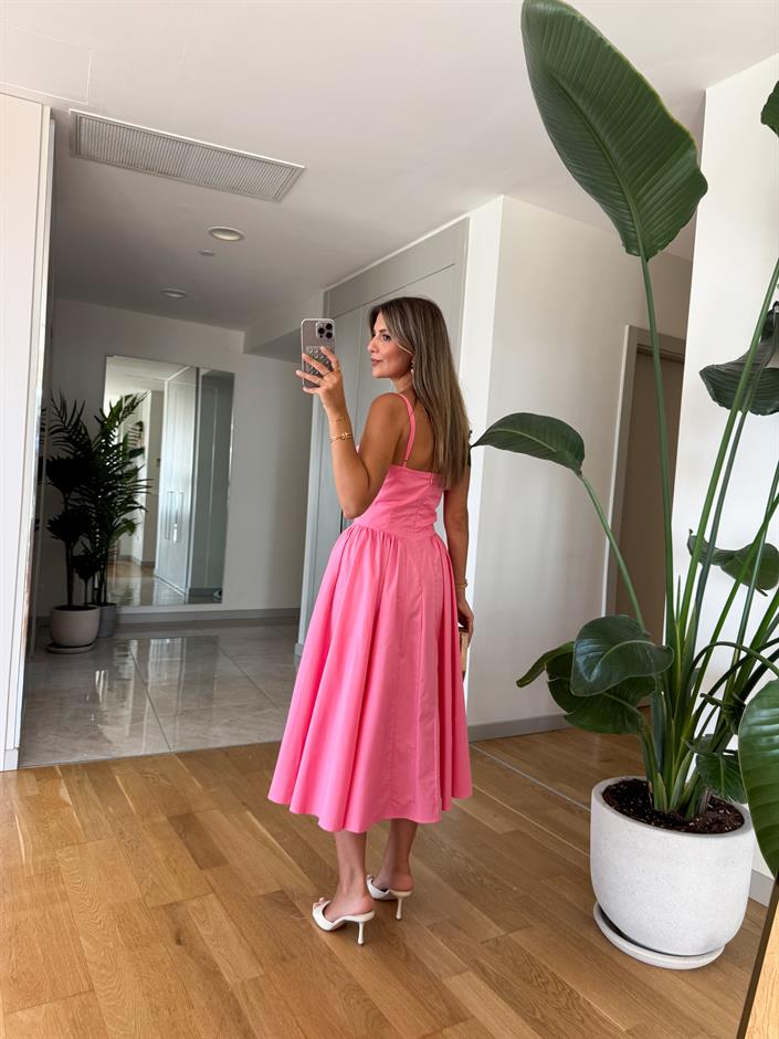 Askılı Göğüs Gloplu Maxi Elbise - Pembe