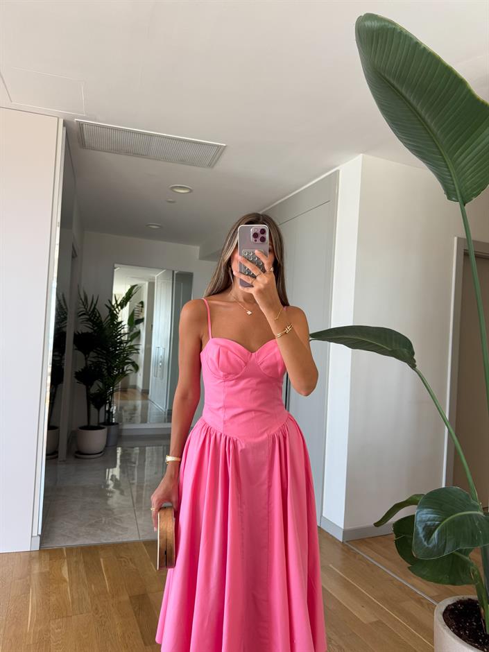Askılı Göğüs Gloplu Maxi Elbise - Pembe