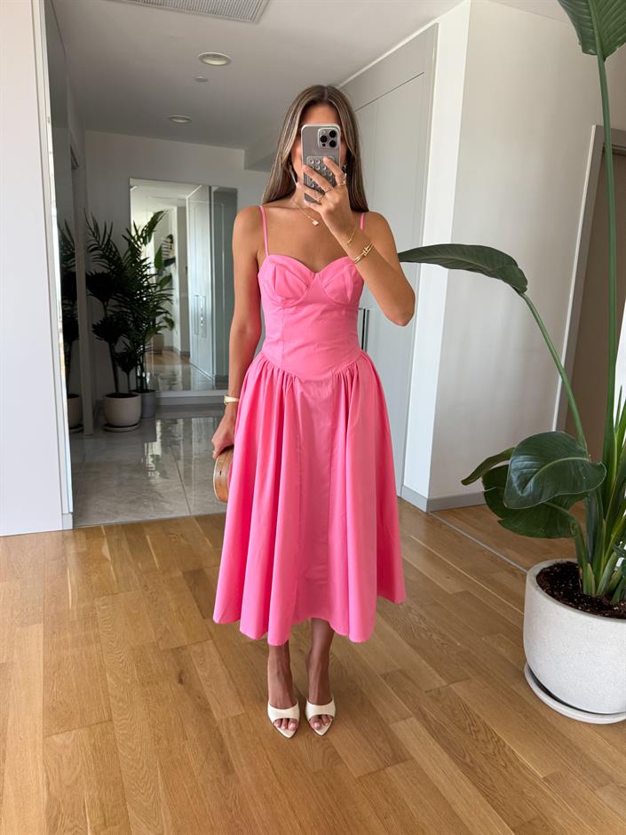 Askılı Göğüs Gloplu Maxi Elbise - Pembe