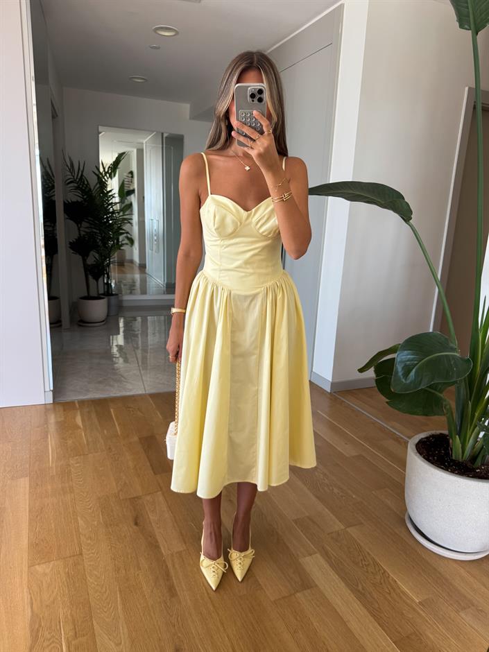 Askılı Göğüs Gloplu Maxi Elbise - Sarı