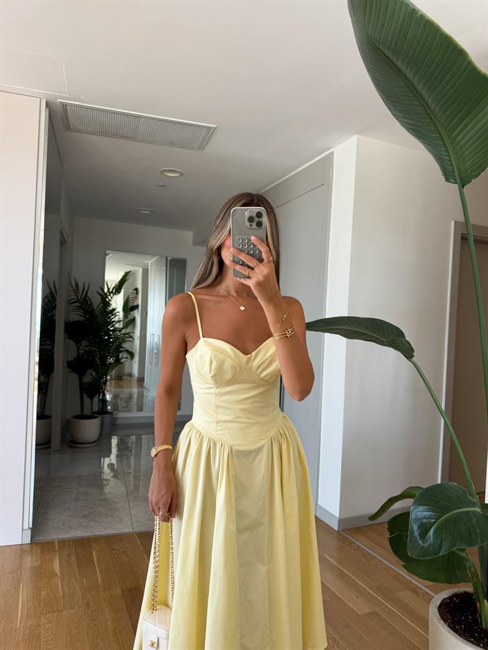 Askılı Göğüs Gloplu Maxi Elbise - Sarı