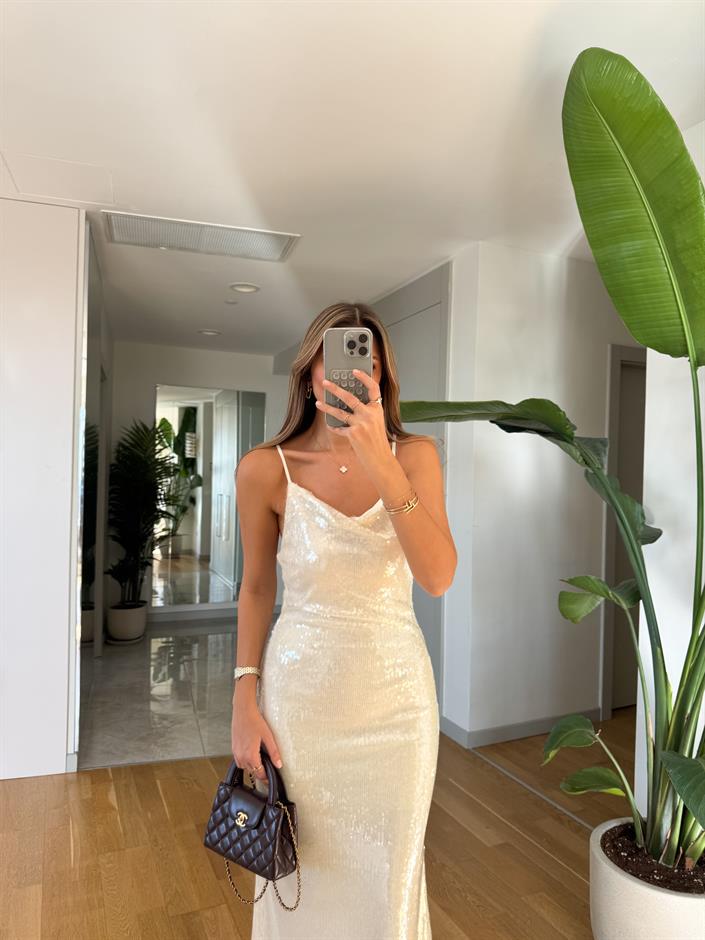 Askılı Payetli Midi Elbise - Ekru