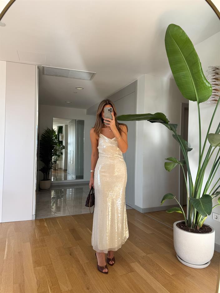 Askılı Payetli Midi Elbise - Ekru