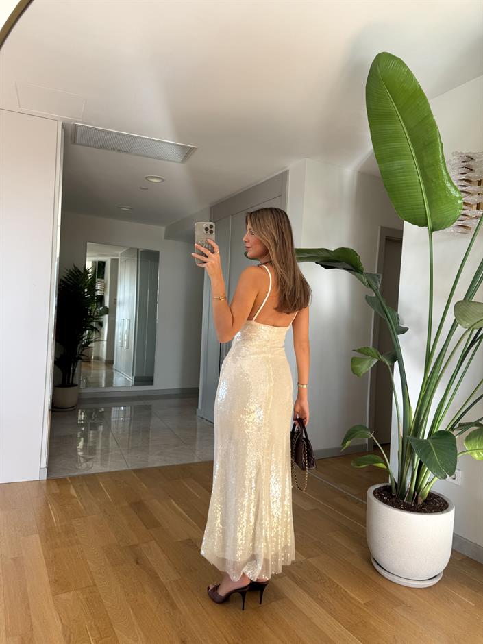 Askılı Payetli Midi Elbise - Ekru