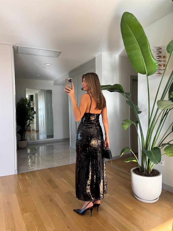 Askılı Payetli Midi Elbise - Siyah