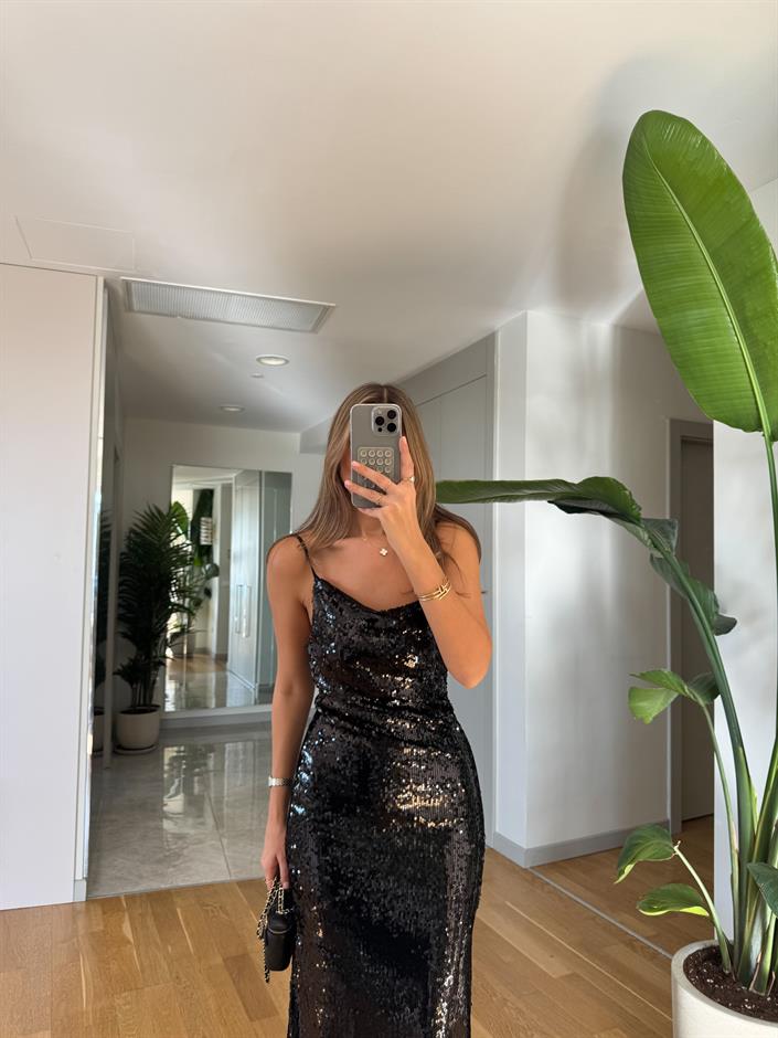 Askılı Payetli Midi Elbise - Siyah