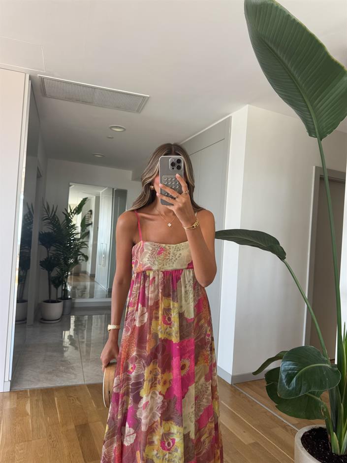 Askılı Pembe Çiçekli Şifon Maxi Elbise 