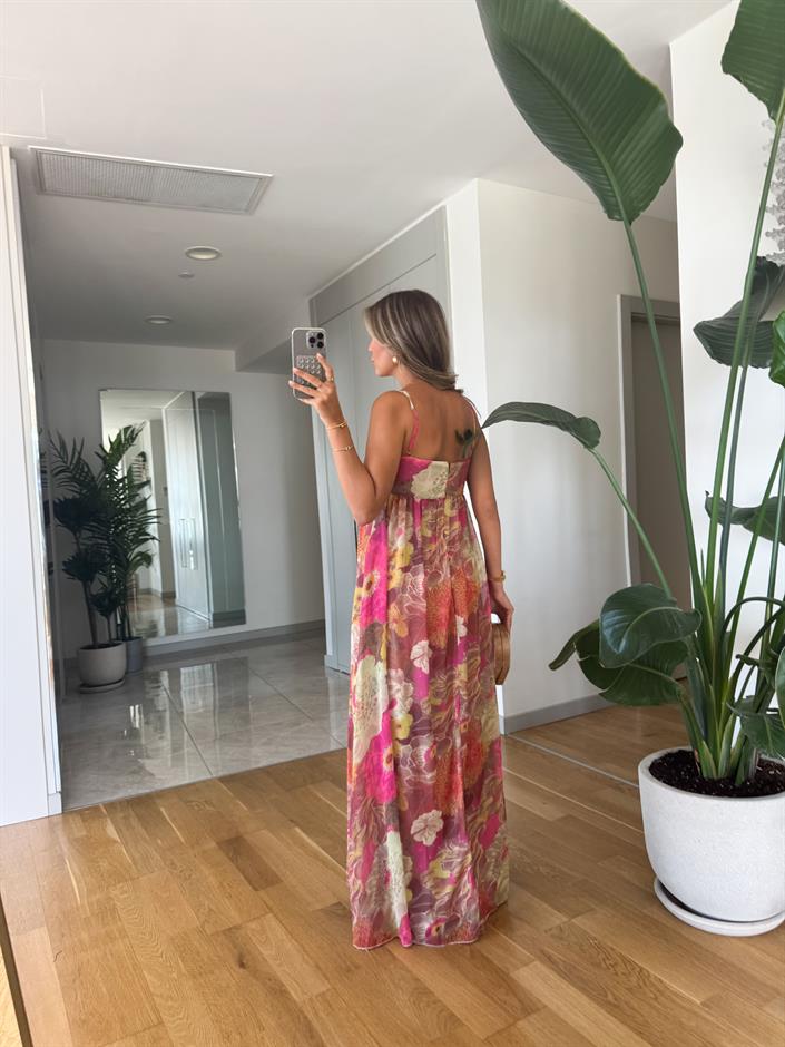 Askılı Pembe Çiçekli Şifon Maxi Elbise 