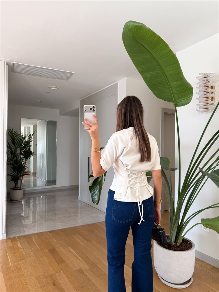 Aster Beli Bağlamalı T-shirt - Açık Ekru