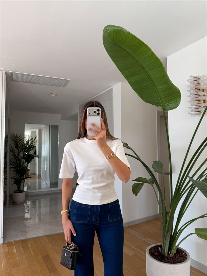 Aster Beli Bağlamalı T-shirt - Açık Ekru