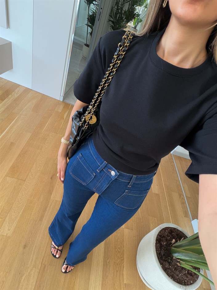 Aster Beli Bağlamalı T-shirt - Siyah