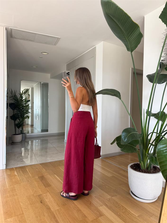 Axel Bol Paça Keten Dokulu Pantolon - Bordo