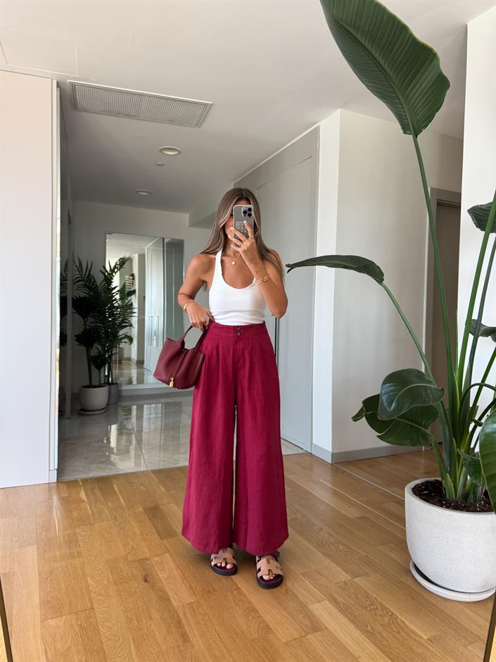 Axel Bol Paça Keten Dokulu Pantolon - Bordo