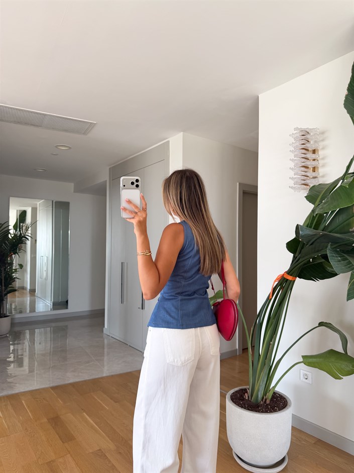 Bağcık Detaylı Korse Bluz - Mavi