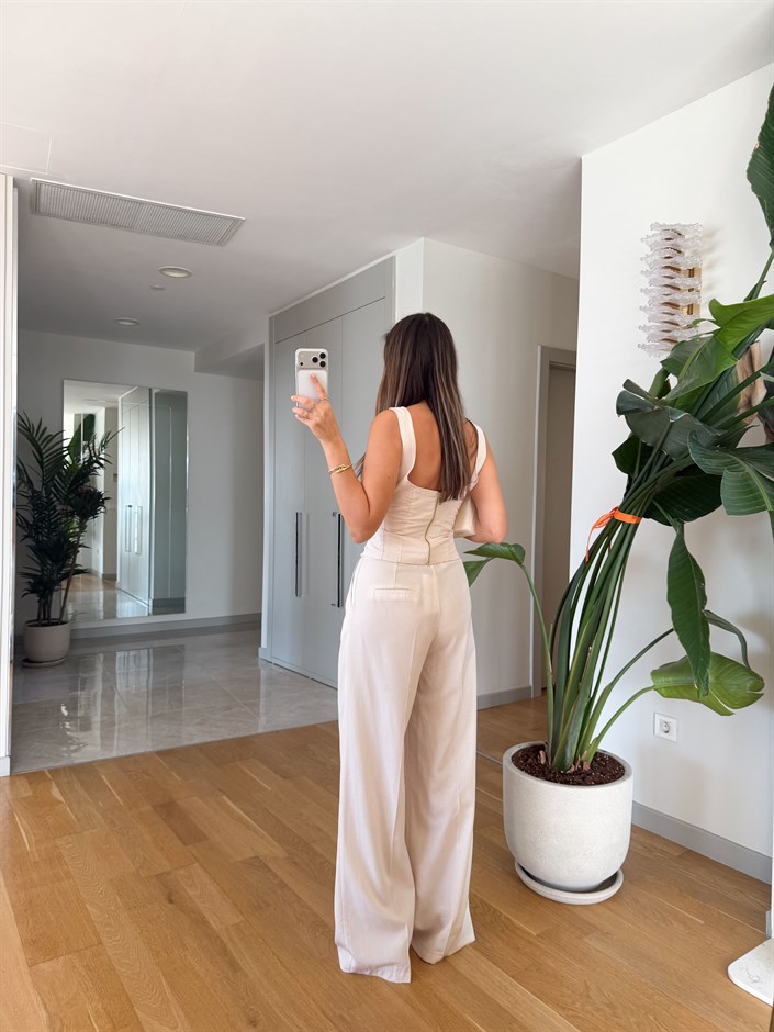 Bağcıklı  Korse Bluz Pantolon Takım - Ekru