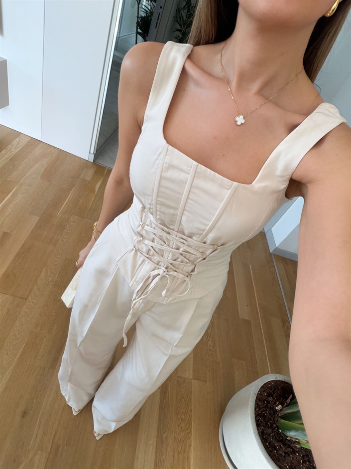 Bağcıklı  Korse Bluz Pantolon Takım - Ekru