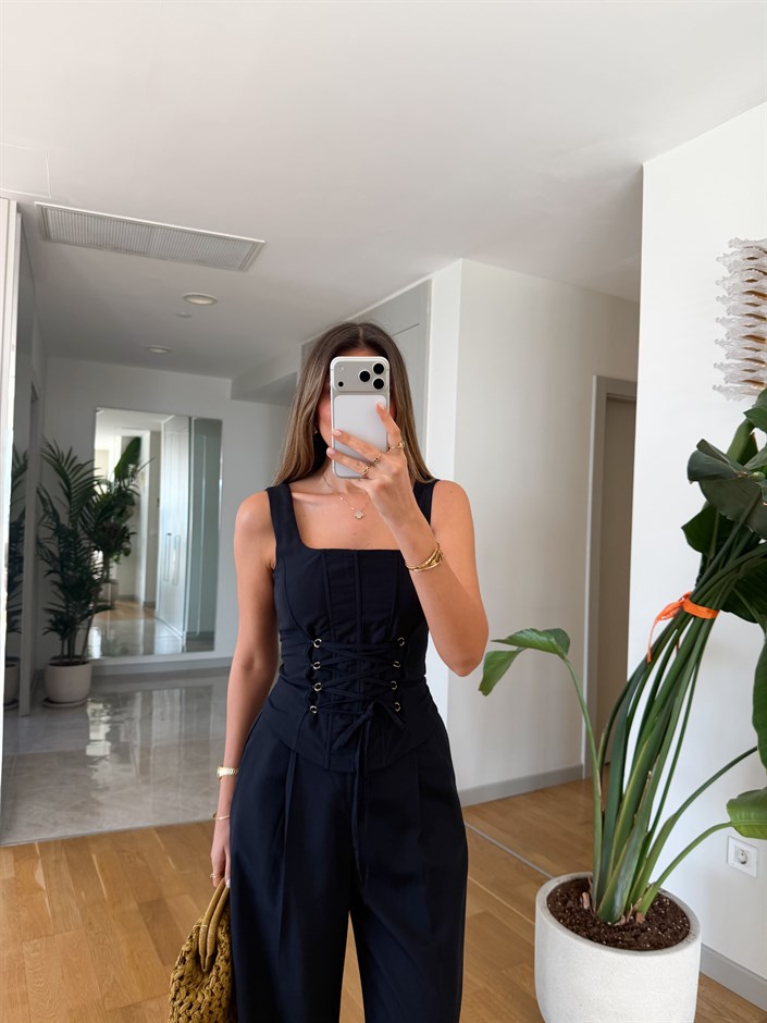 Bağcıklı  Korse Bluz Pantolon Takım - Lacivert