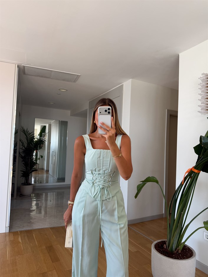 Bağcıklı Korse Bluz Pantolon Takım - Mint