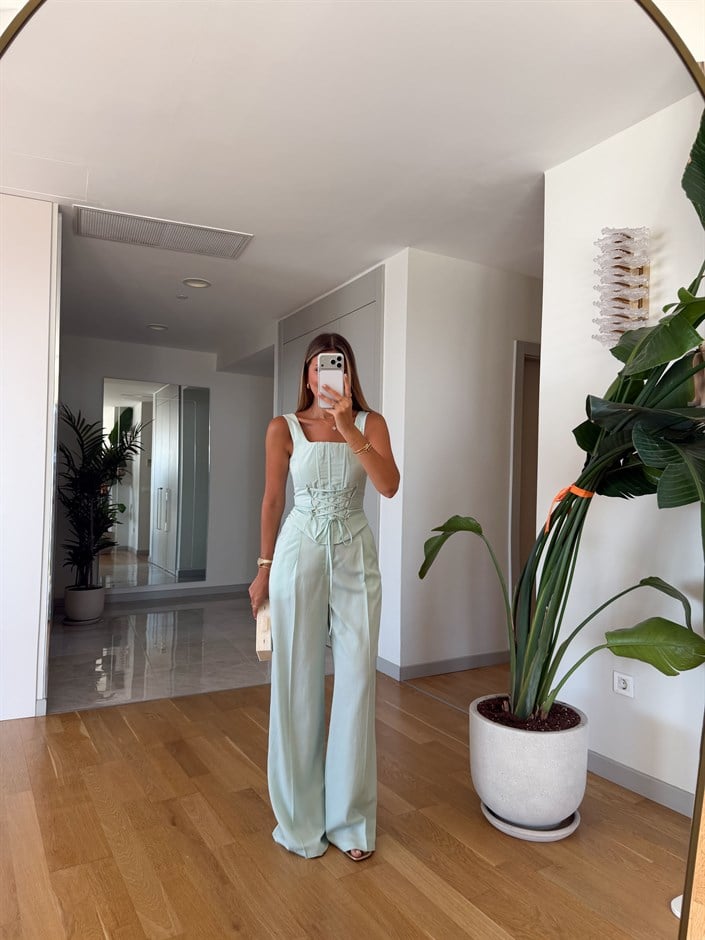 Bağcıklı Korse Bluz Pantolon Takım - Mint