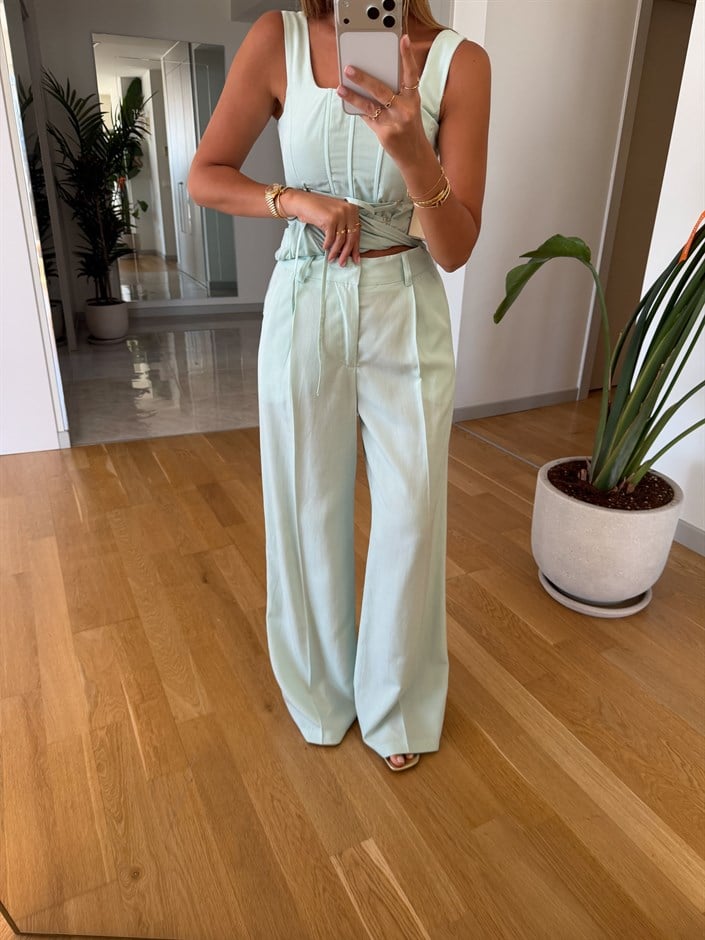 Bağcıklı Korse Bluz Pantolon Takım - Mint