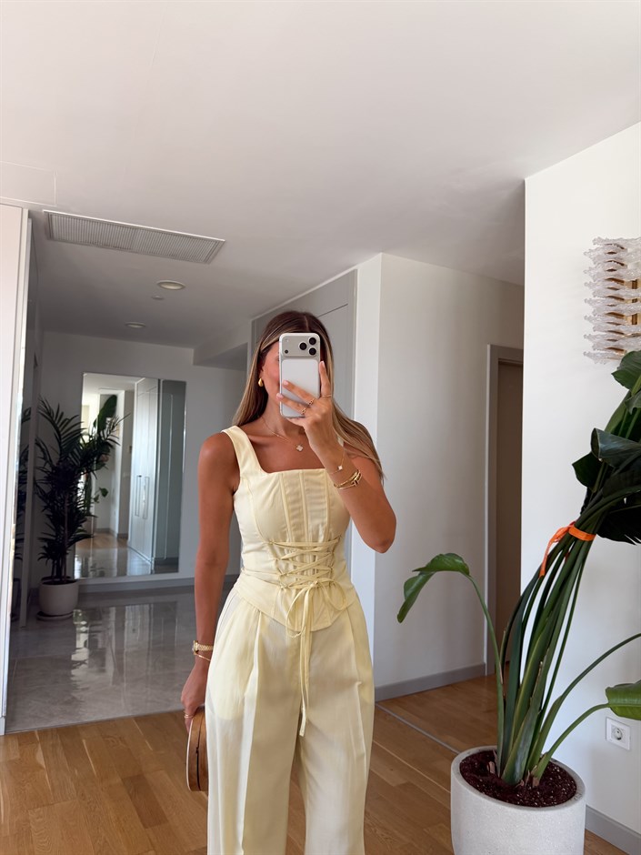 Bağcıklı Korse Bluz Pantolon Takım - Sarı