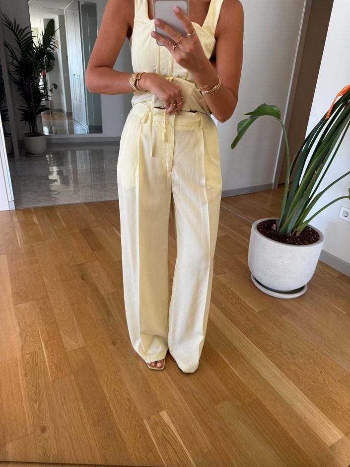 Bağcıklı Korse Bluz Pantolon Takım - Sarı