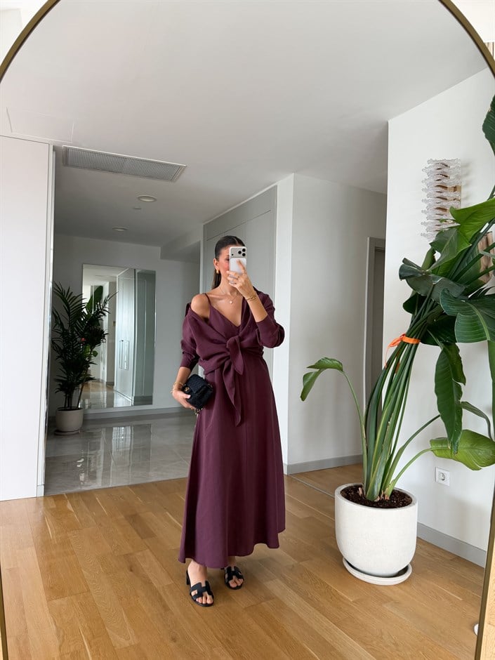 Bağlama Detaylı Askılı Gömlek Elbise - Mürdüm