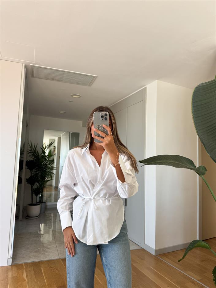 Bağlama Detaylı Poplin Gömlek - Beyaz