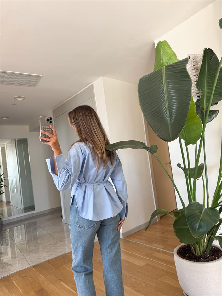 Bağlama Detaylı Poplin Gömlek - Mavi