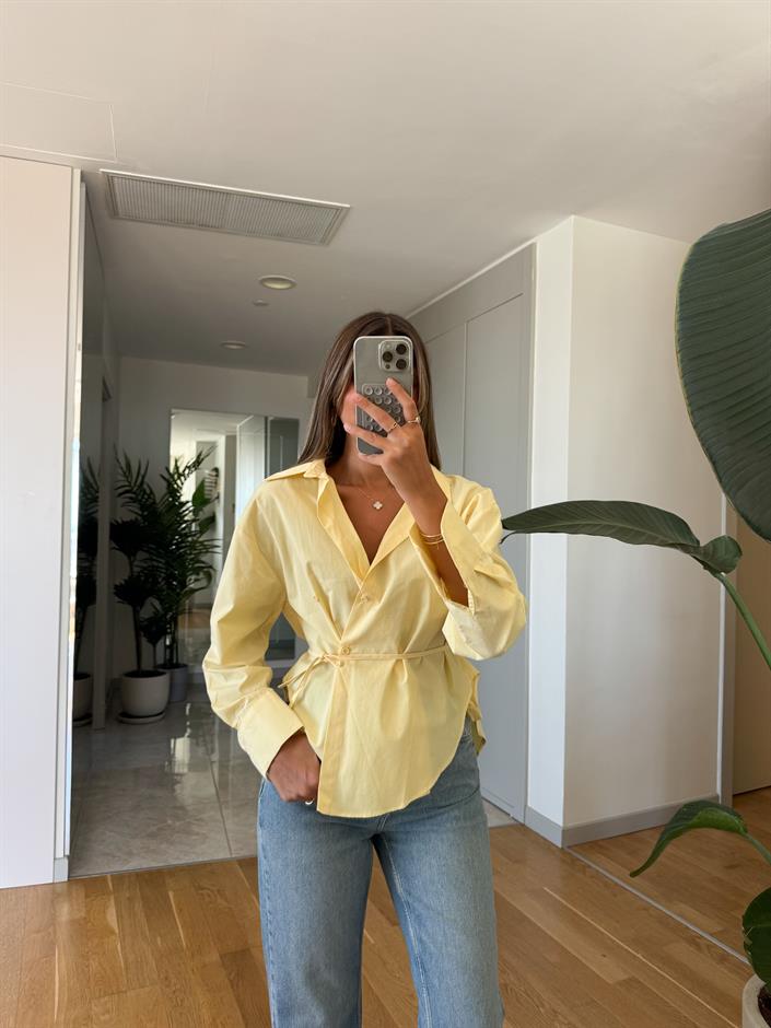 Bağlama Detaylı Poplin Gömlek - Sarı