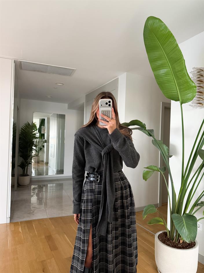 Bağlama Detaylı Triko Kazak - Antrasit