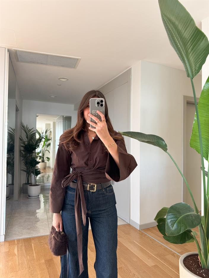 Bağlama İspanyol Kol Poplin Gömlek- Kahve