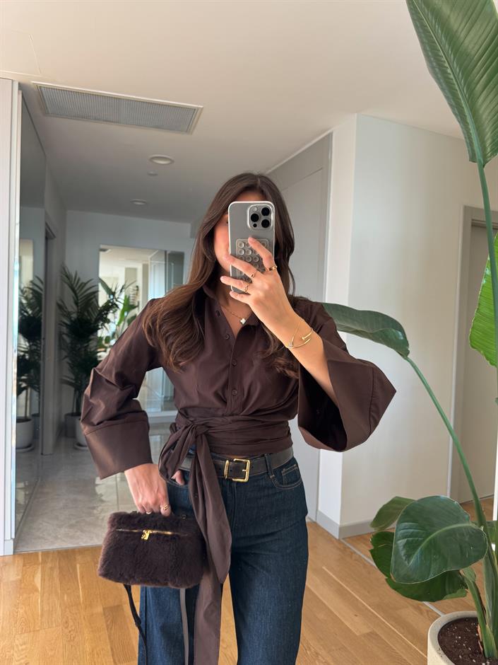 Bağlama İspanyol Kol Poplin Gömlek- Kahve