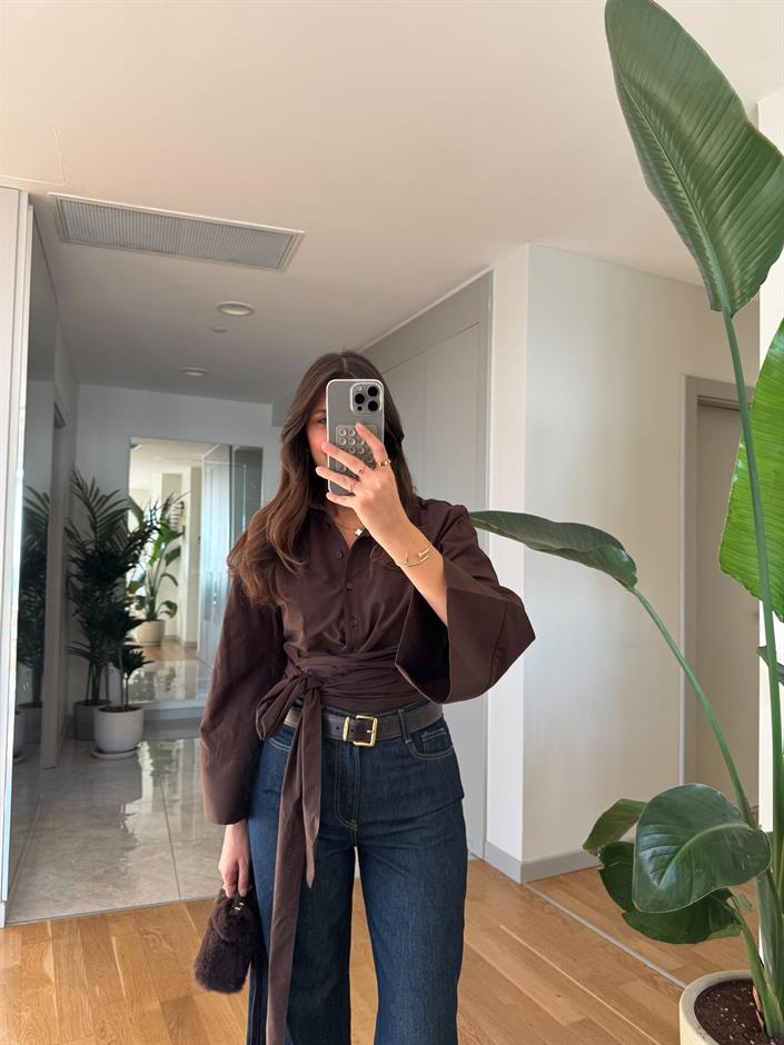 Bağlama İspanyol Kol Poplin Gömlek- Kahve