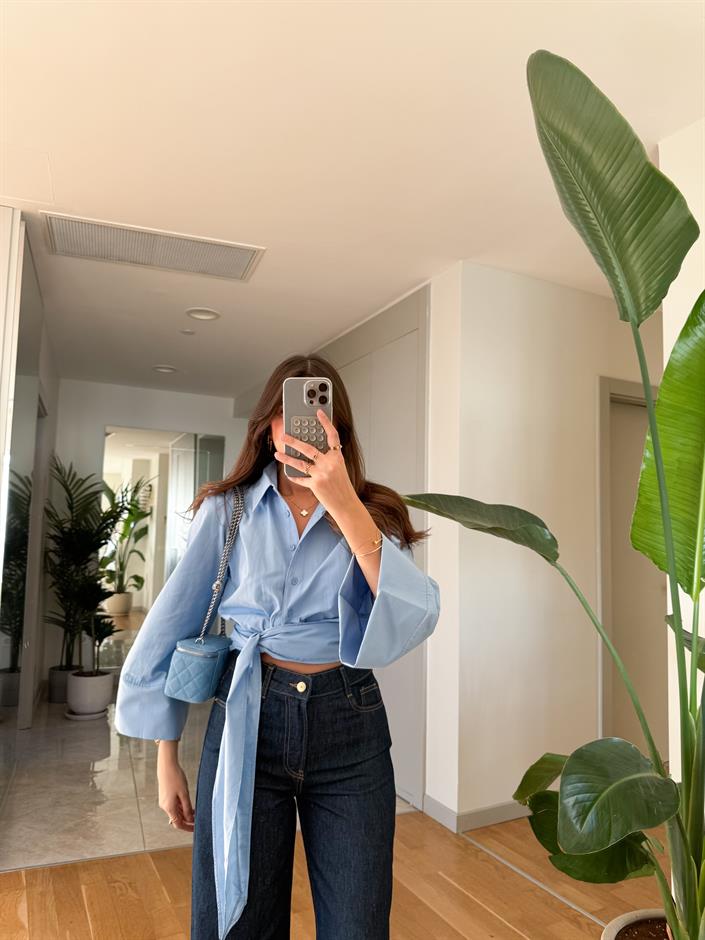 Bağlama İspanyol Kol Poplin Gömlek- Mavi