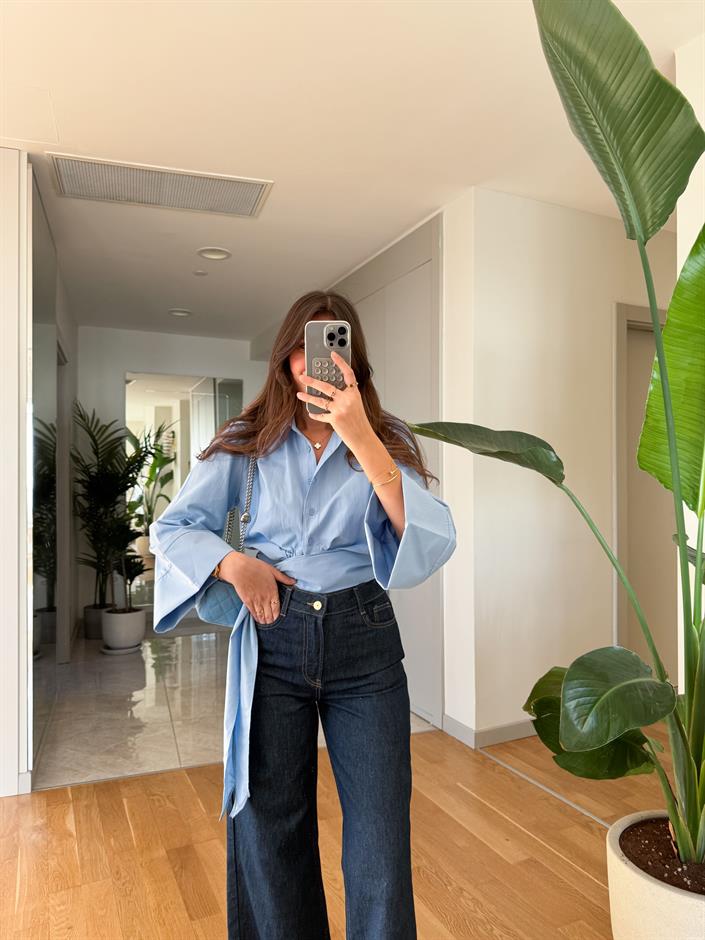 Bağlama İspanyol Kol Poplin Gömlek- Mavi