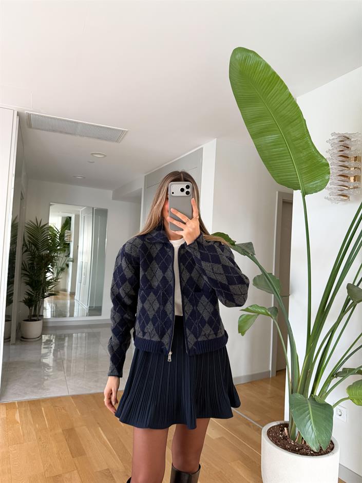 Baklava Desenli Fermuarlı Hırka - Lacivert Antrasit