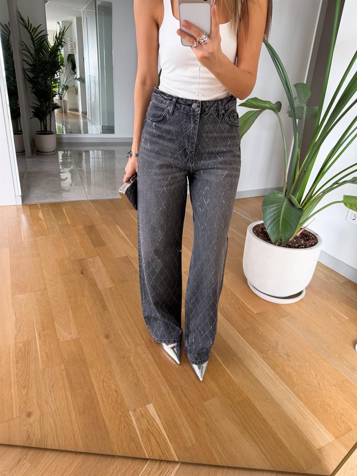 Baklava Desenli Taşlı Wide Leg Jean - Antrasit